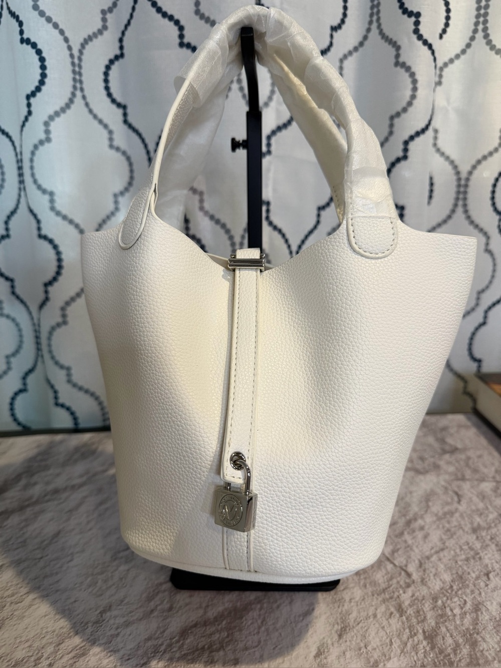 Valentino Orlandi White Textured Leather Bucket Satchel with Padlock